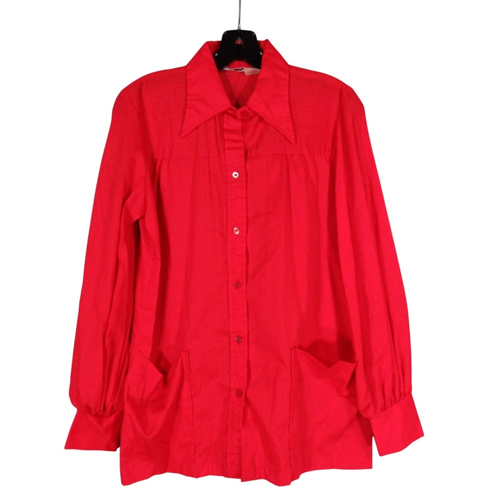 VTG DURABLE PRESS Red TWILL Button-Up PLEATED TRIM Large Pockets SHIRT/TOP Sz 34